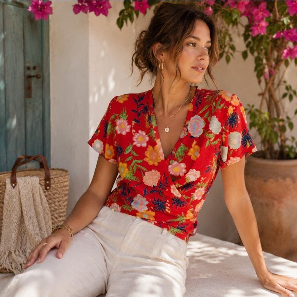 Zara Trafaluc Red Floral V Neck Blouse Tropical Boho Kimono Sleeve Size S/M